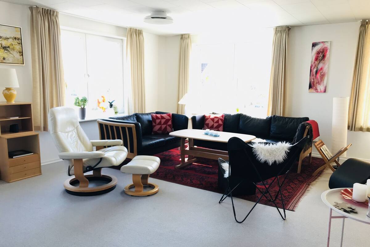 Ein Wohnzimmer mit einem schwarzen Ledersofa, einem weißen Sessel, einem kleinen Couchtisch und einem roten Teppich. Ein Bücherregal, eine Lampe und ein Gemälde sind an der Wand zu sehen.