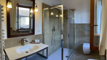Shower, hair dryer, bidet, towels