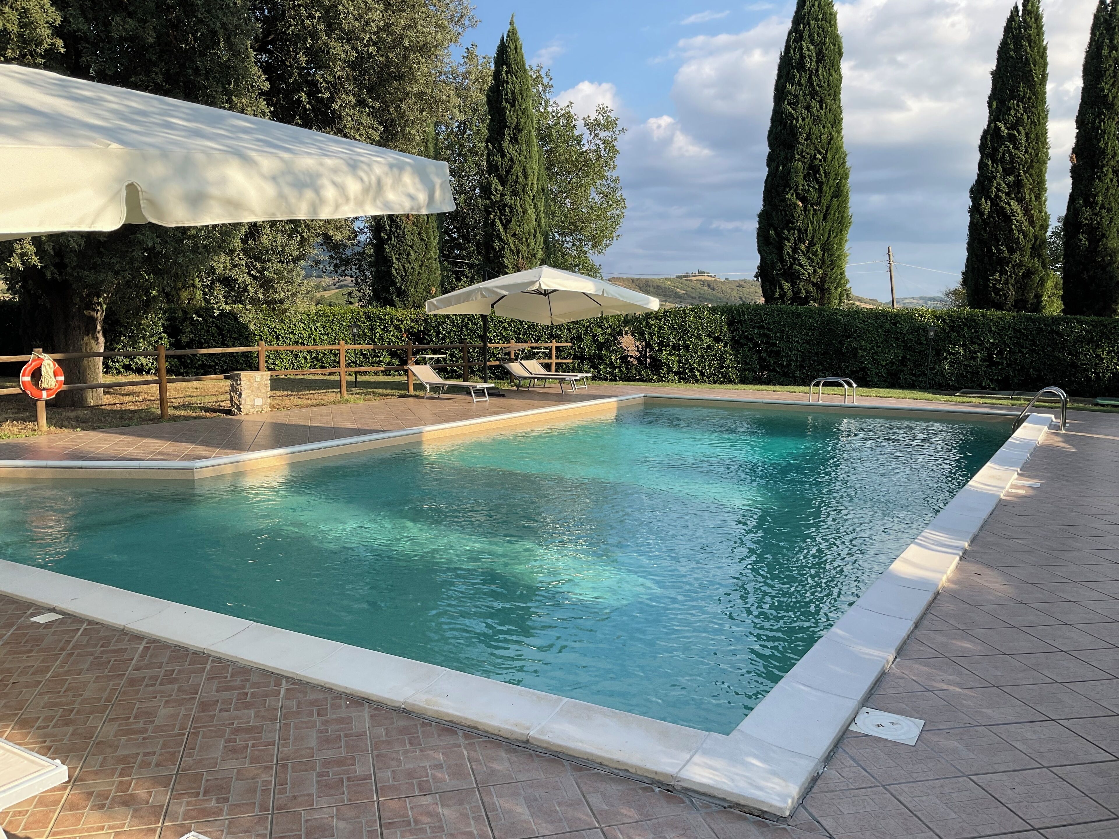 Ein rechteckiger Swimmingpool mit einer gefliesten Kante, umgeben von einer Ziegelterrasse. Liegestühle und ein weißer Sonnenschirm spenden Schatten.