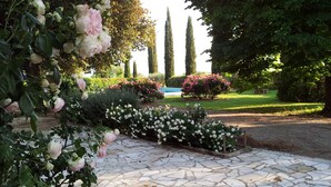 Un sendero de jardín con piso de mosaicos, rodeado de plantas en flor y árboles altos.
