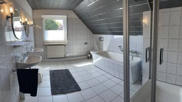 Hair dryer, towels, toilet paper