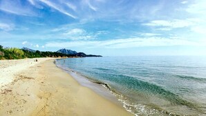 Una playa con agua cristalina, una orilla arenosa y una montaña al fondo.