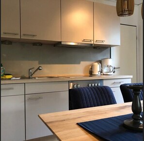 Appartement (Incl. Cleaning Fee) | Privékeuken | Een koelkast met diepvriezer, een microgolfoven, een oven, een kookplaat