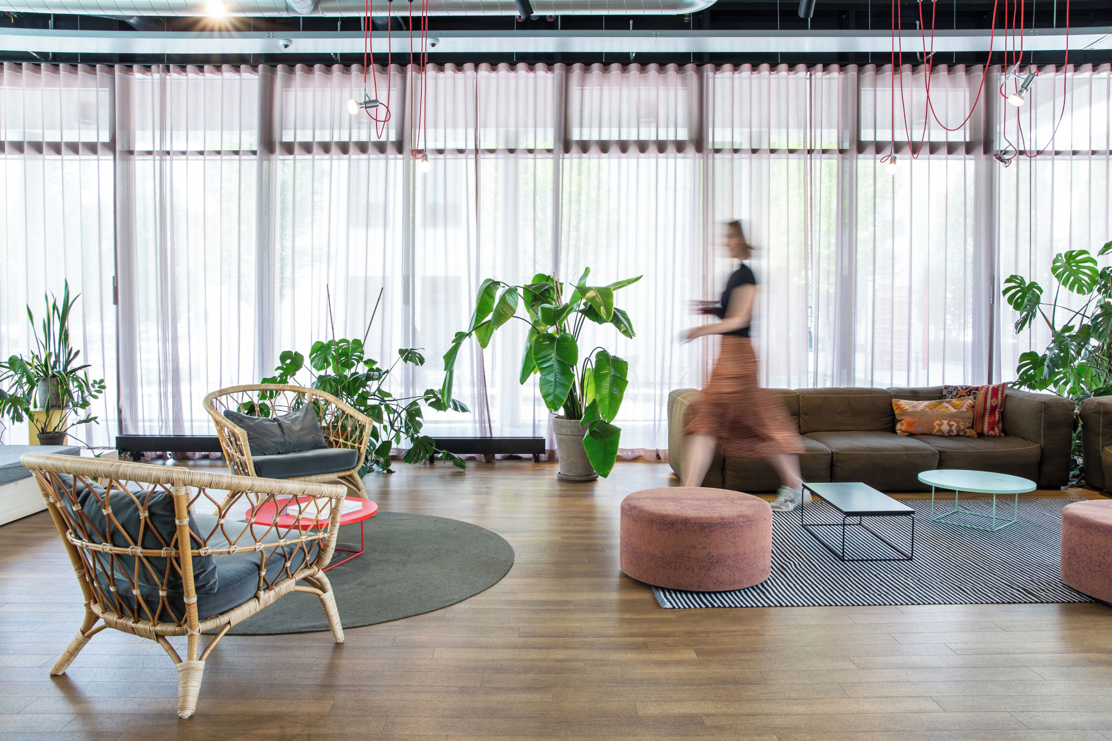 A modern living room with a sofa, chairs, a coffee table, and potted plants.