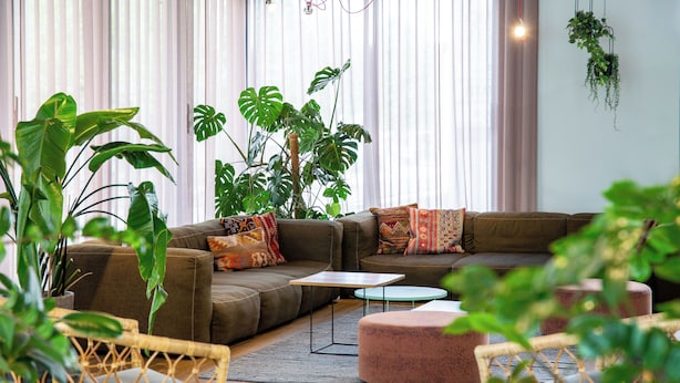 Una sala moderna con un sofá modular, un otoman redondo y sillones de mimbre.