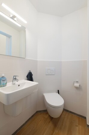 Shower, hair dryer, towels, toilet paper