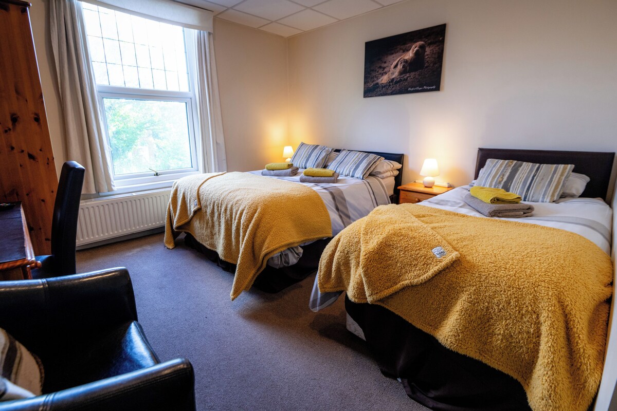 A hotel room with two beds, a chair, a window, and a painting on the wall.
