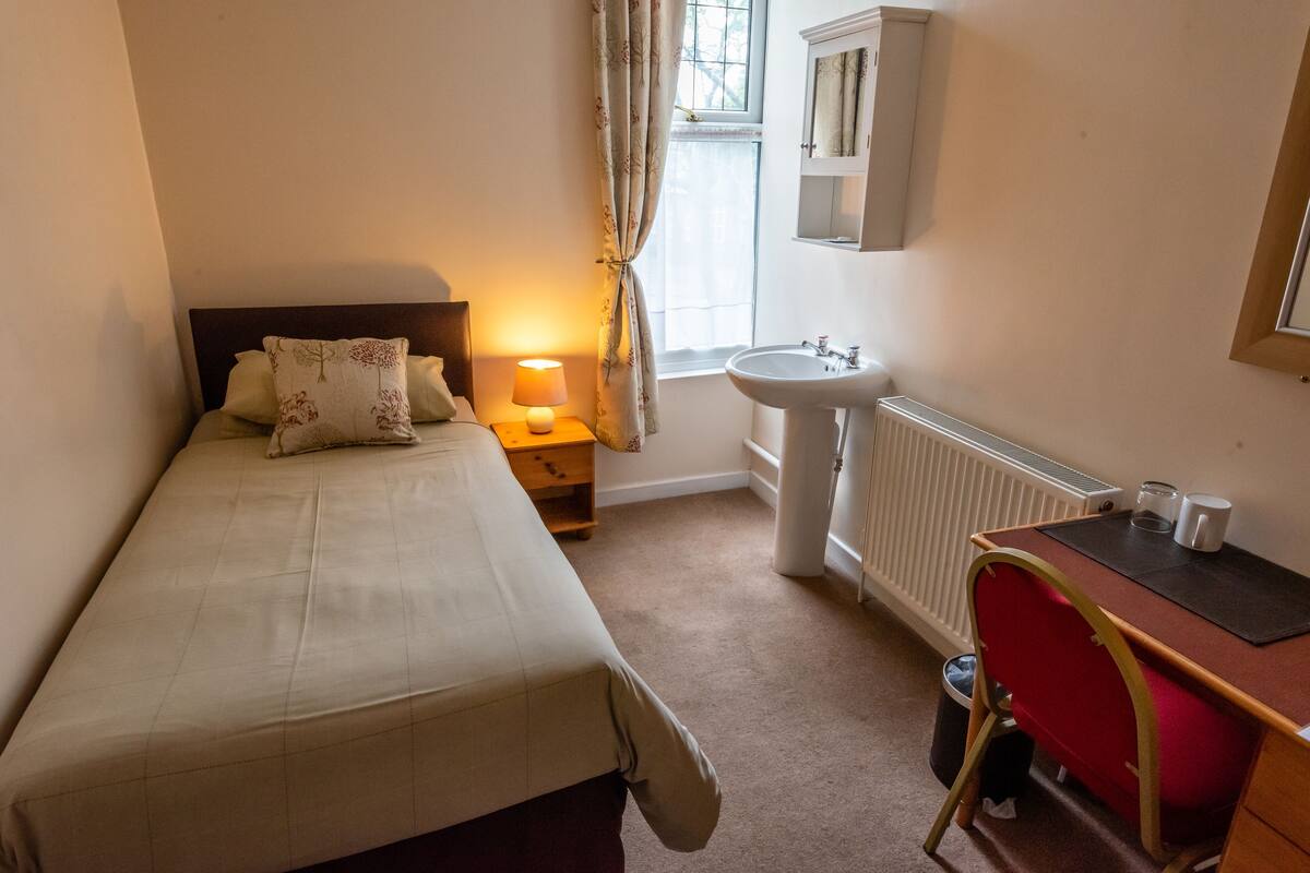 A bedroom with a bed, bedside table with a lamp, a desk with a chair, a window with curtains, a sink, and a radiator.