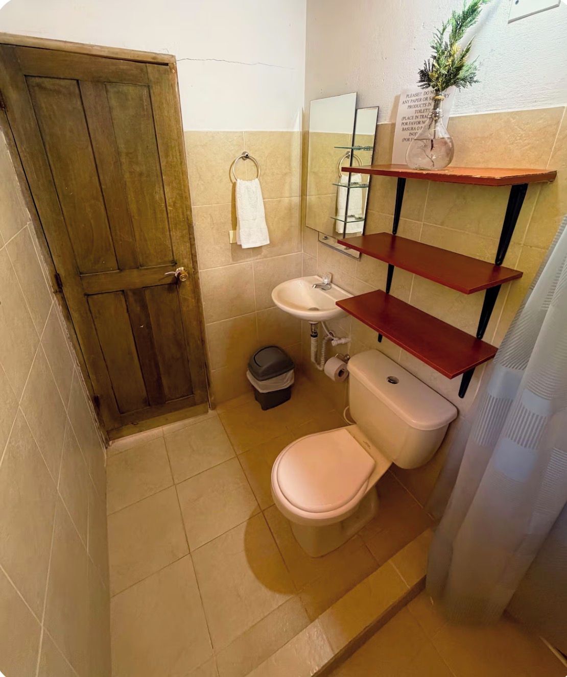 A small bathroom with a toilet, sink, and a wooden door.