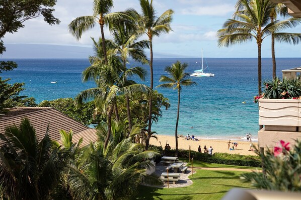 On the beach, sun-loungers, beach towels