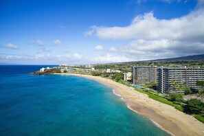 A coastal resort with a beachfront, high-rise buildings, and a clear view of the ocean.