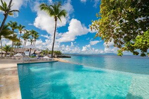 A clear blue pool with a view of the ocean and palm trees. - Select Sosua Adults Only, Trademark by Wyndham Resort (Sosúa)