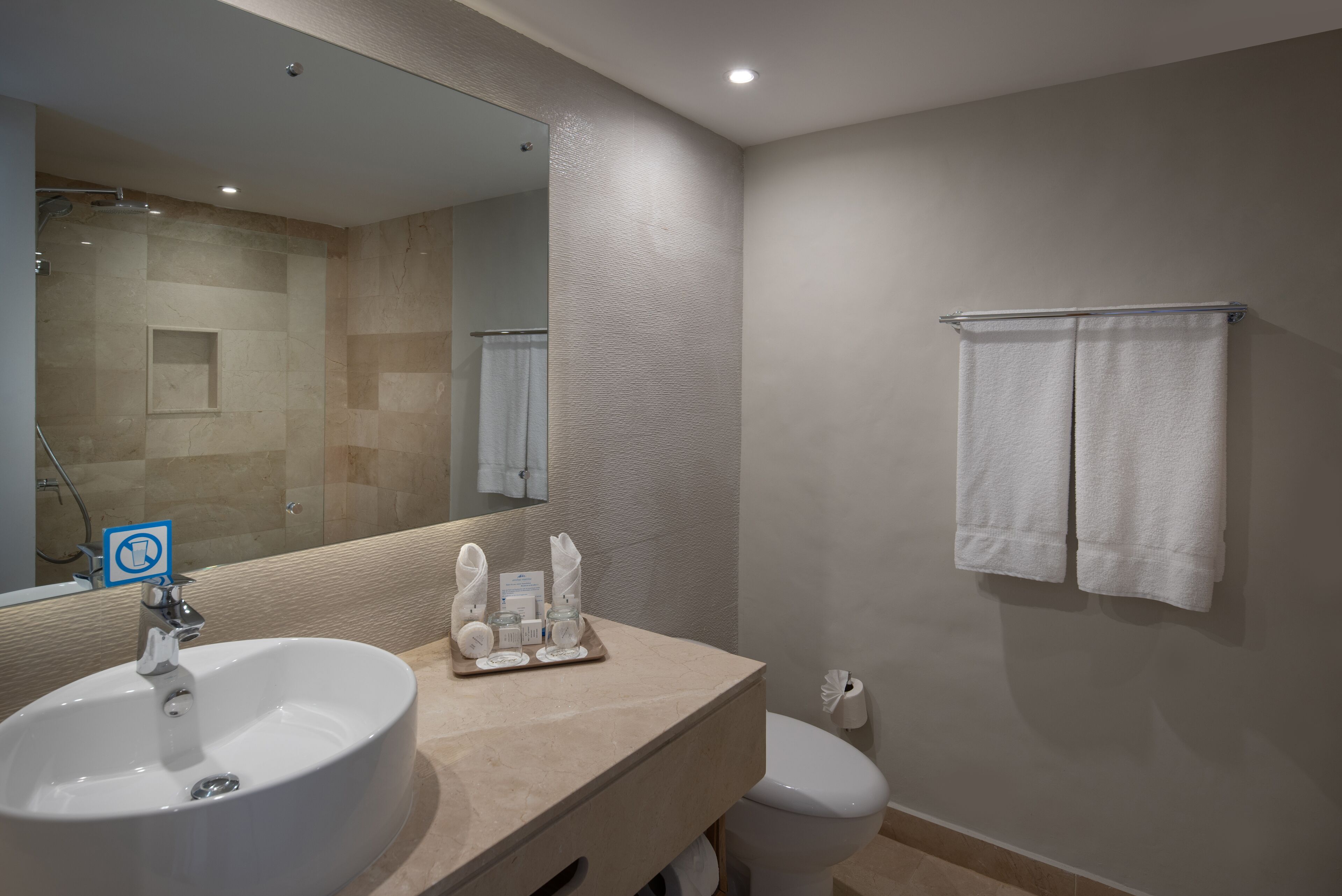 A bathroom with a large sink, a mirror, a toilet, and a towel rack.