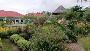 Un jardin avec différentes plantes et fleurs, un bâtiment avec un toit rouge et une construction à toiture de chaume.