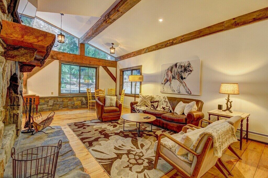 TV connectée, cheminée, lecteur de DVD, livres