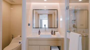 Un baño moderno con inodoro, lavabo y ducha.
