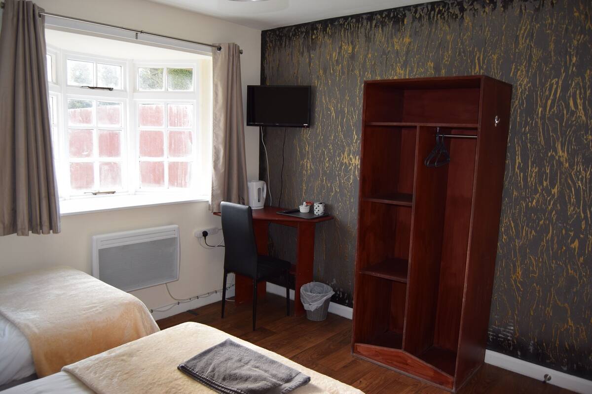 A room with a bed, a desk with a chair, a TV, and a wardrobe.