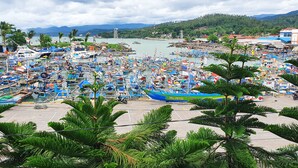 A marina with numerous boats docked, surrounded by lush greenery and mountains in the background. - SPOT ON 1896 Hotel Mahkota Pantai (Pelabuhan Ratu)