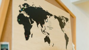 A wooden world map with marked locations.