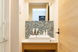 Combined shower/tub, hair dryer, slippers, electronic bidet