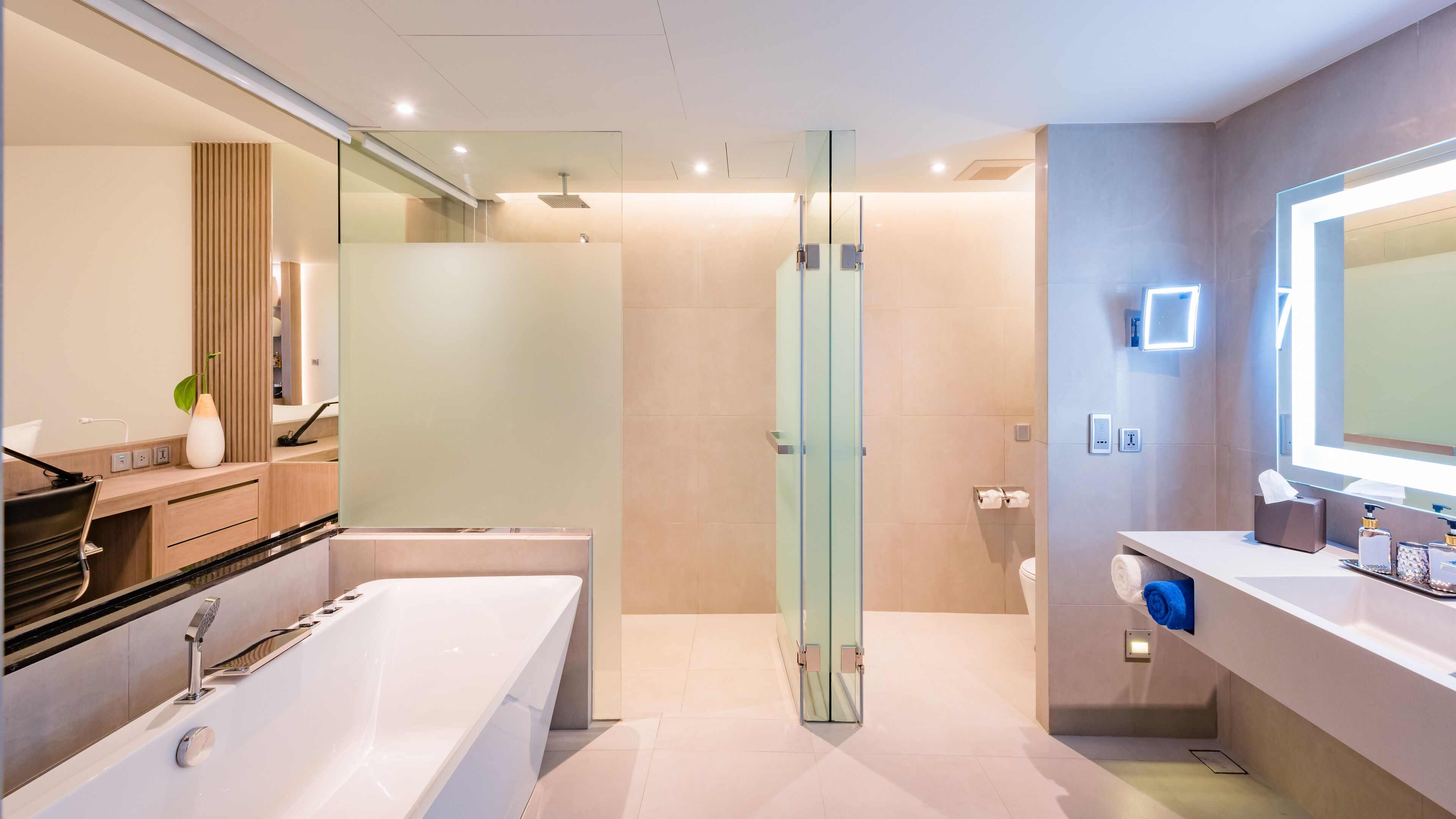 A modern bathroom with a glass shower enclosure, a large bathtub, and a vanity with a mirror.
