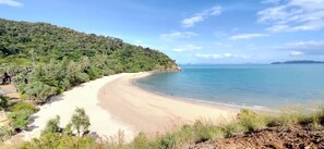 A beach with a curved shoreline, surrounded by dense green forest and a clear blue sky. - Aranya Resort Koh Lanta (Ko Lanta)
