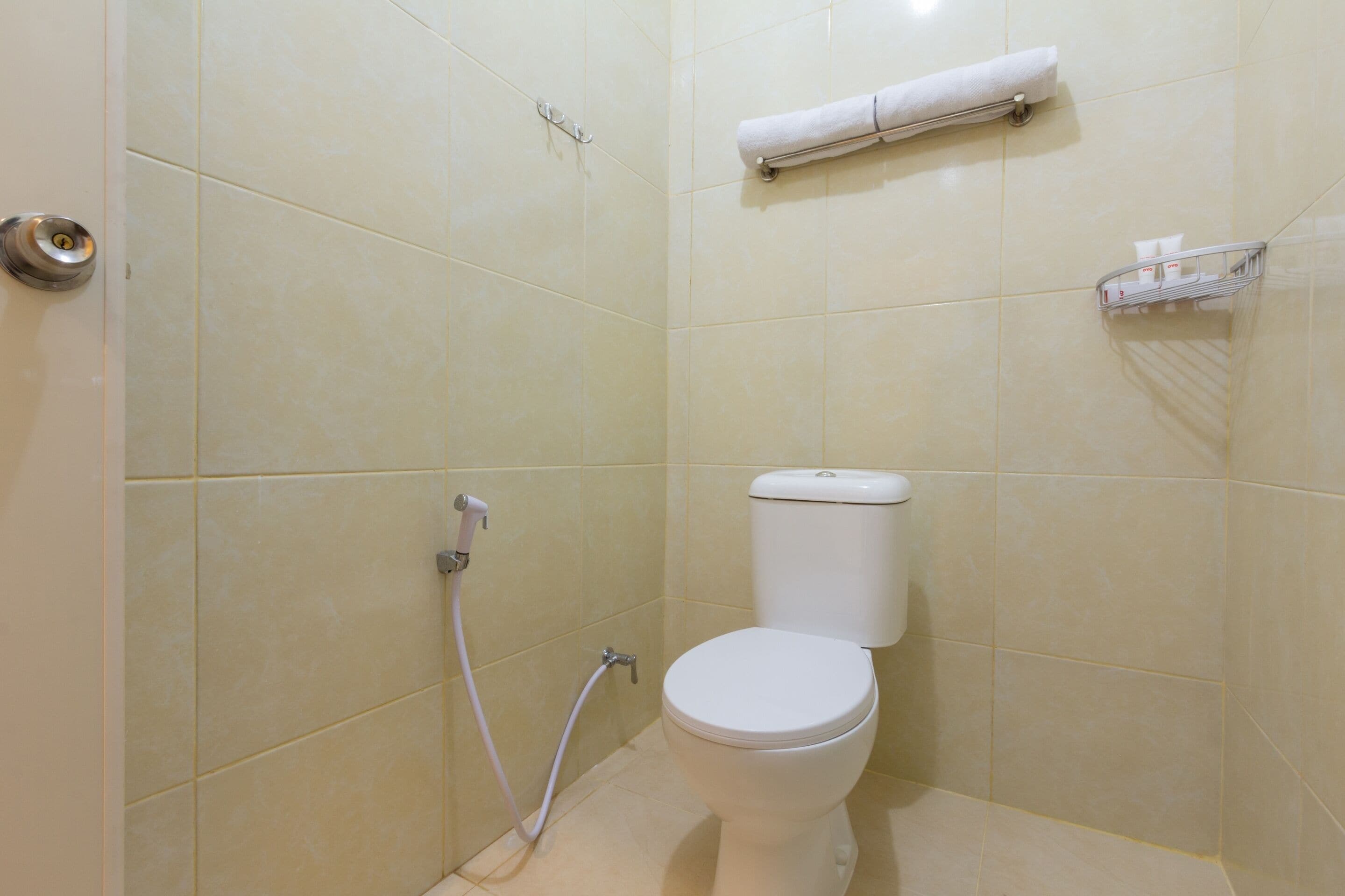 A bathroom with a toilet, a shower, and a towel rack.