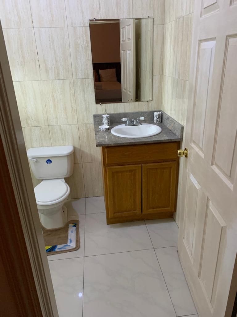 A small bathroom with a toilet, sink, and wooden cabinets.