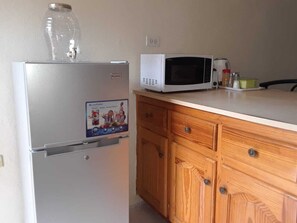 Fridge, microwave, stovetop, electric kettle