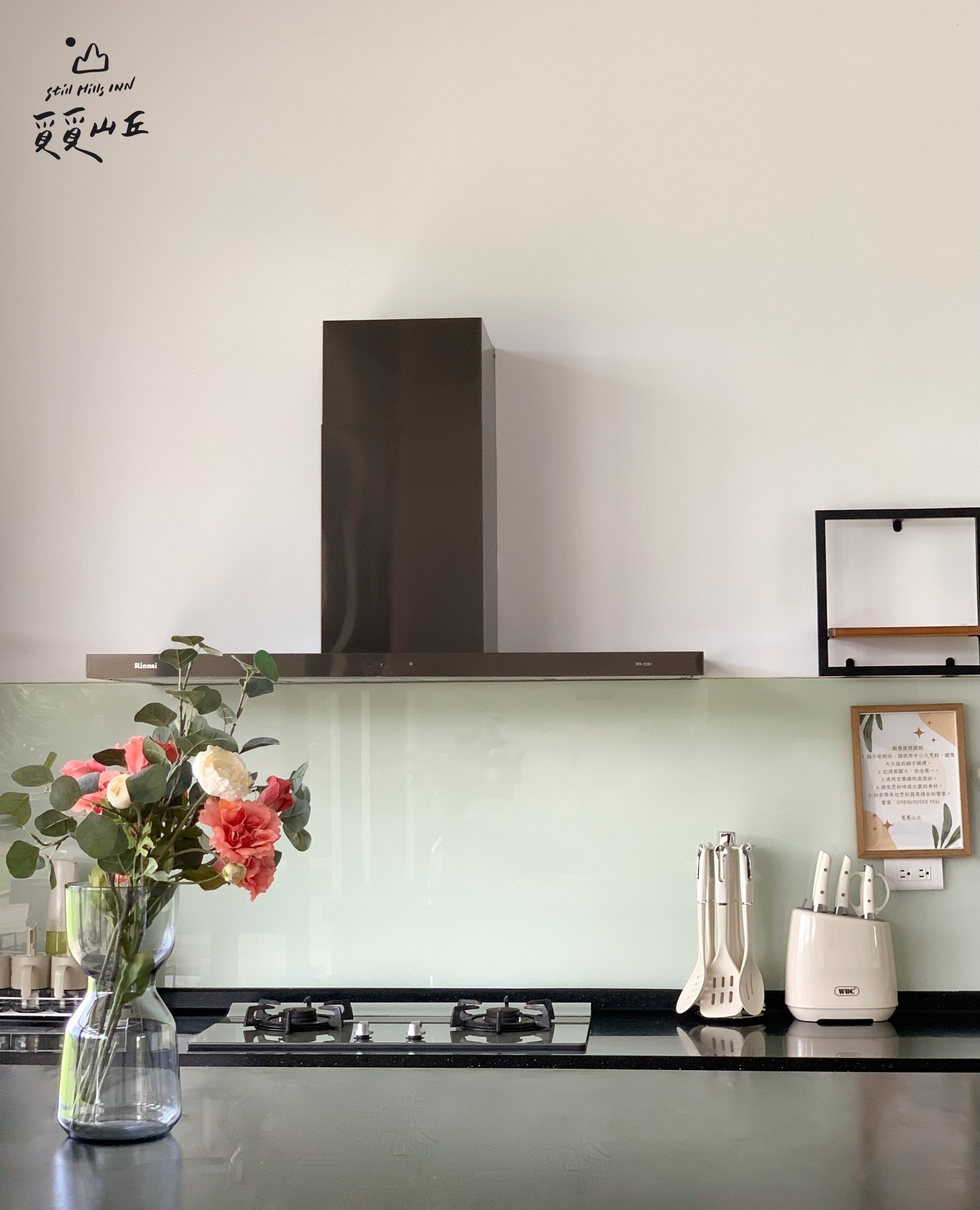 Eine Küche mit einem modernen Herd, einer Edelstahl-Dunstabzugshaube, einer Vase mit Blumen und einem Messerblock auf der Arbeitsfläche.