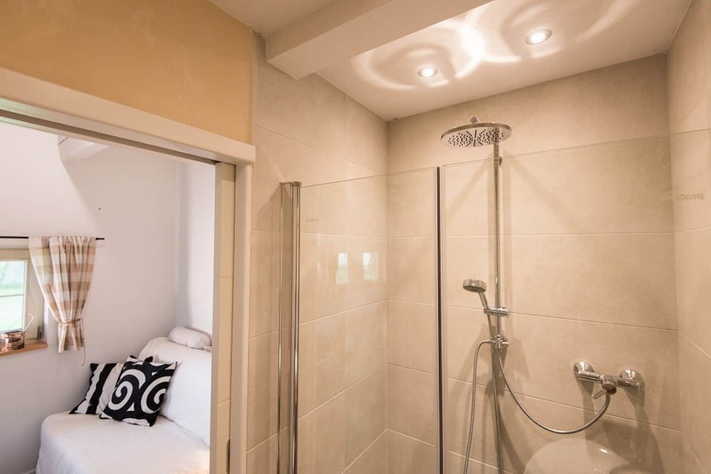 Dusche, Regendusche, umweltfreundliche Kosmetikartikel, Haartrockner