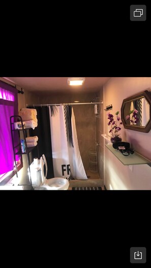 Shower, hair dryer, towels, toilet paper