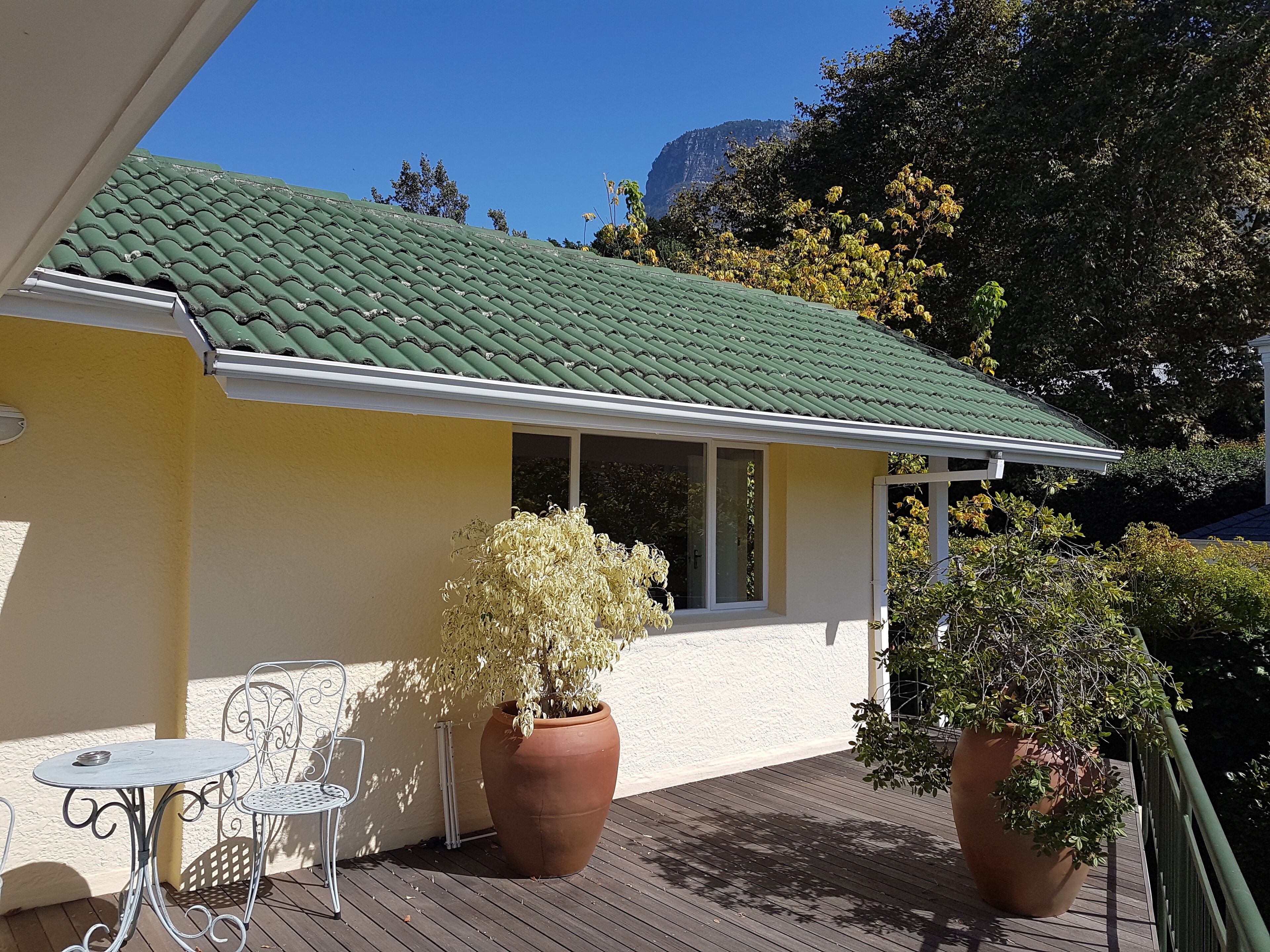 A yellow building with a green roof, a wooden deck, and two potted plants.