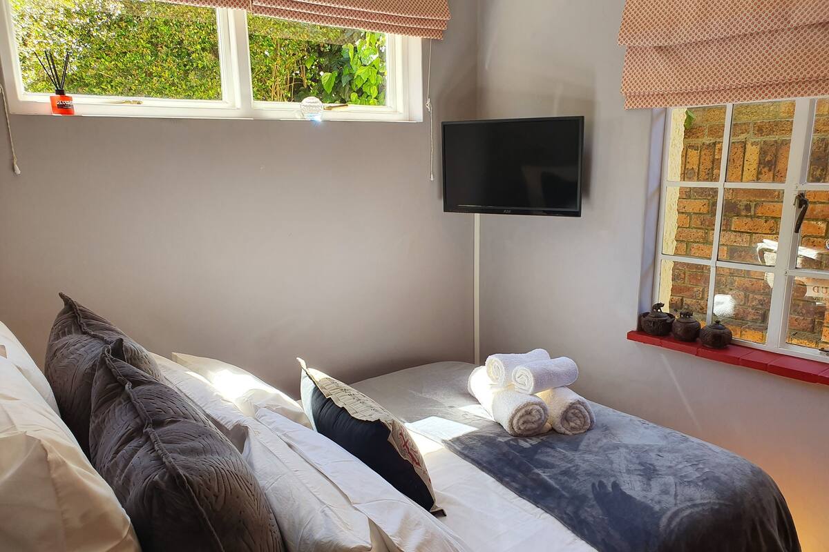 A bedroom with a bed, a TV, and a window with a view of greenery.