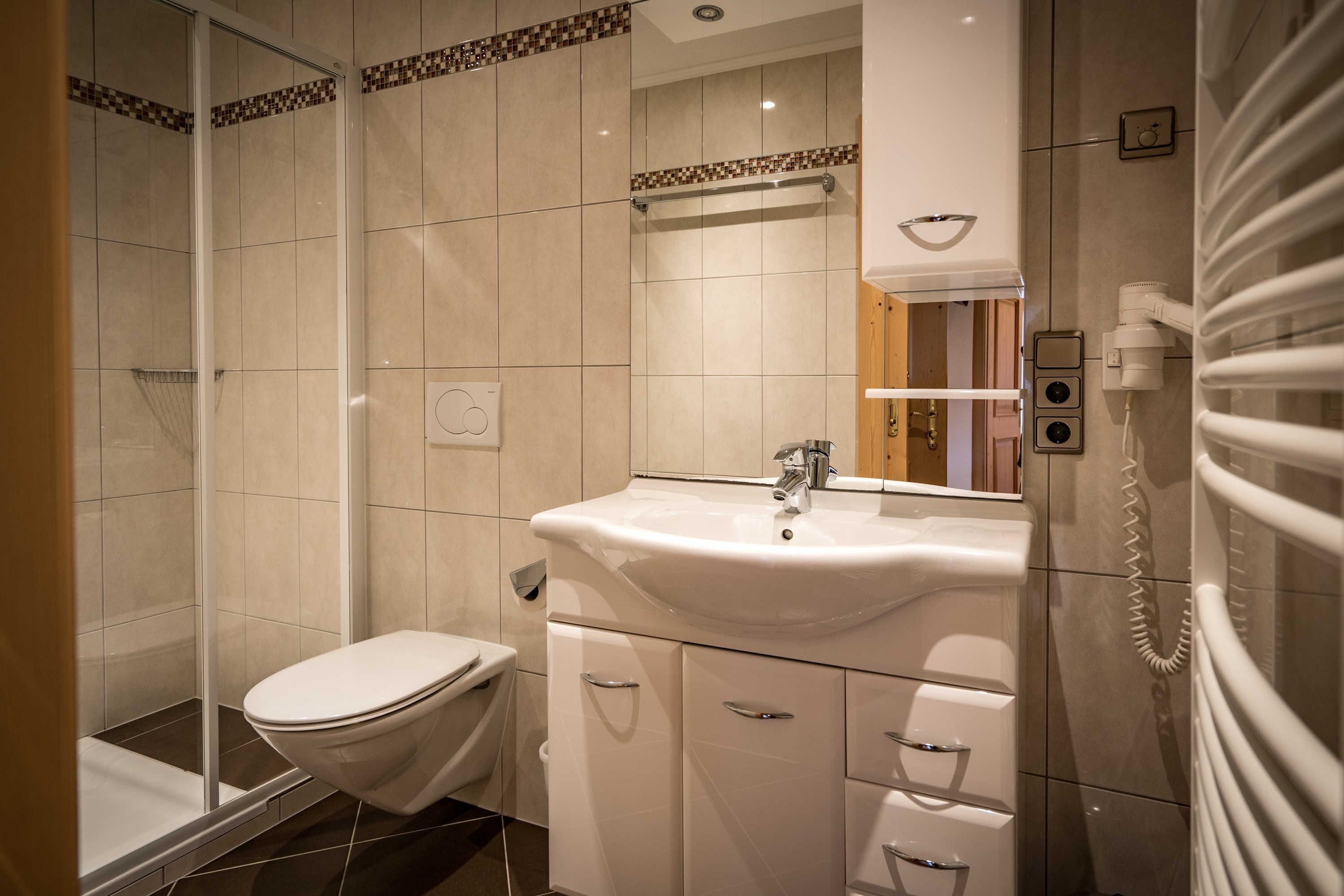 Shower, hair dryer, towels, toilet paper