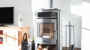 A modern living room with a corner fireplace, a television, a small potted plant, and a wooden cabinet. - Cosy Apartment "Bergblick" with Garden, Terrace & Wi-Fi; Parking Available (Bad Heilbrunn)