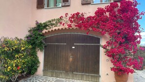 A stone-paved entrance with a wooden double door, surrounded by vibrant bougainvillea and yellow flowers. - Villa Bel Panorama - a beautiful house with an amazing sea view (Portoferraio)