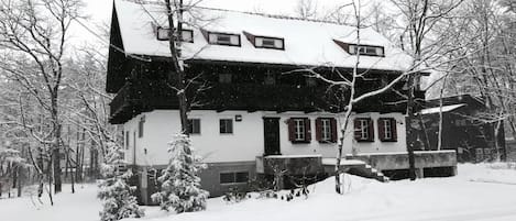 Una casa de dos pisos con un techo pronunciado, rodeada de árboles cubiertos de nieve y un terreno nevado.