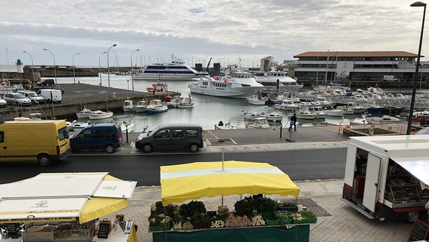 Ein Yachthafen mit vertäuten Booten, ein gelber Imbissstand und ein Gebäude im Hintergrund.