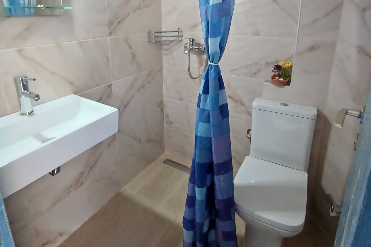 A bathroom with a white sink, a toilet, and a shower curtain.