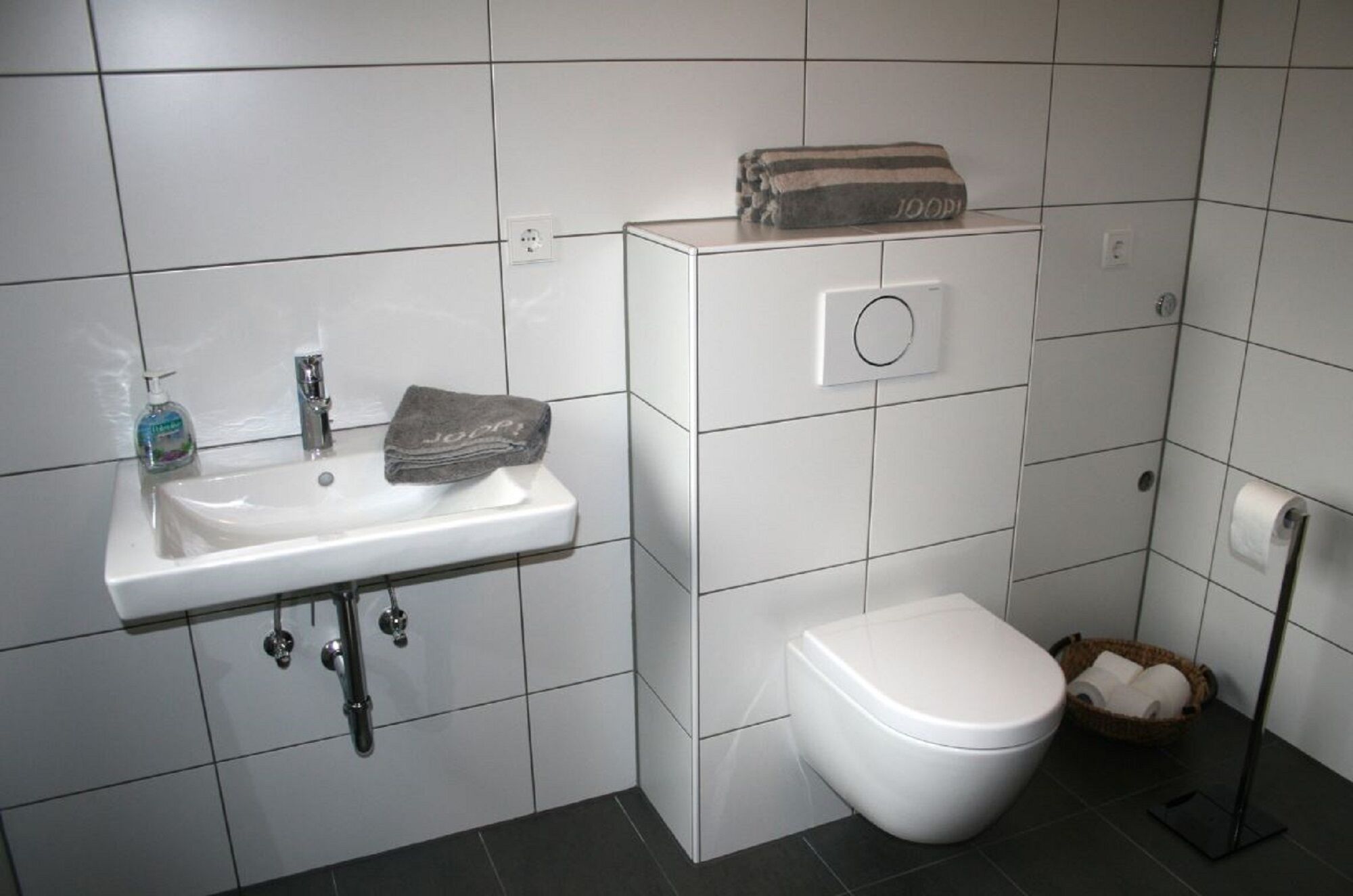 A bathroom with a white sink, a toilet, and a towel on the wall.