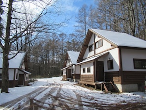Una hilera de cabañas de troncos, terreno cubierto de nieve y árboles al fondo.