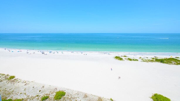 Una playa de arena blanca, agua azul cristalina y vegetación escasa.