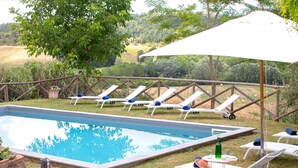 A rectangular swimming pool with lounge chairs and umbrellas, surrounded by a wooden fence and greenery. - Villa Bacco (Peccioli)