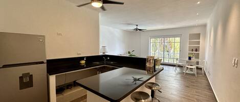 Fridge, microwave, coffee/tea maker, blender