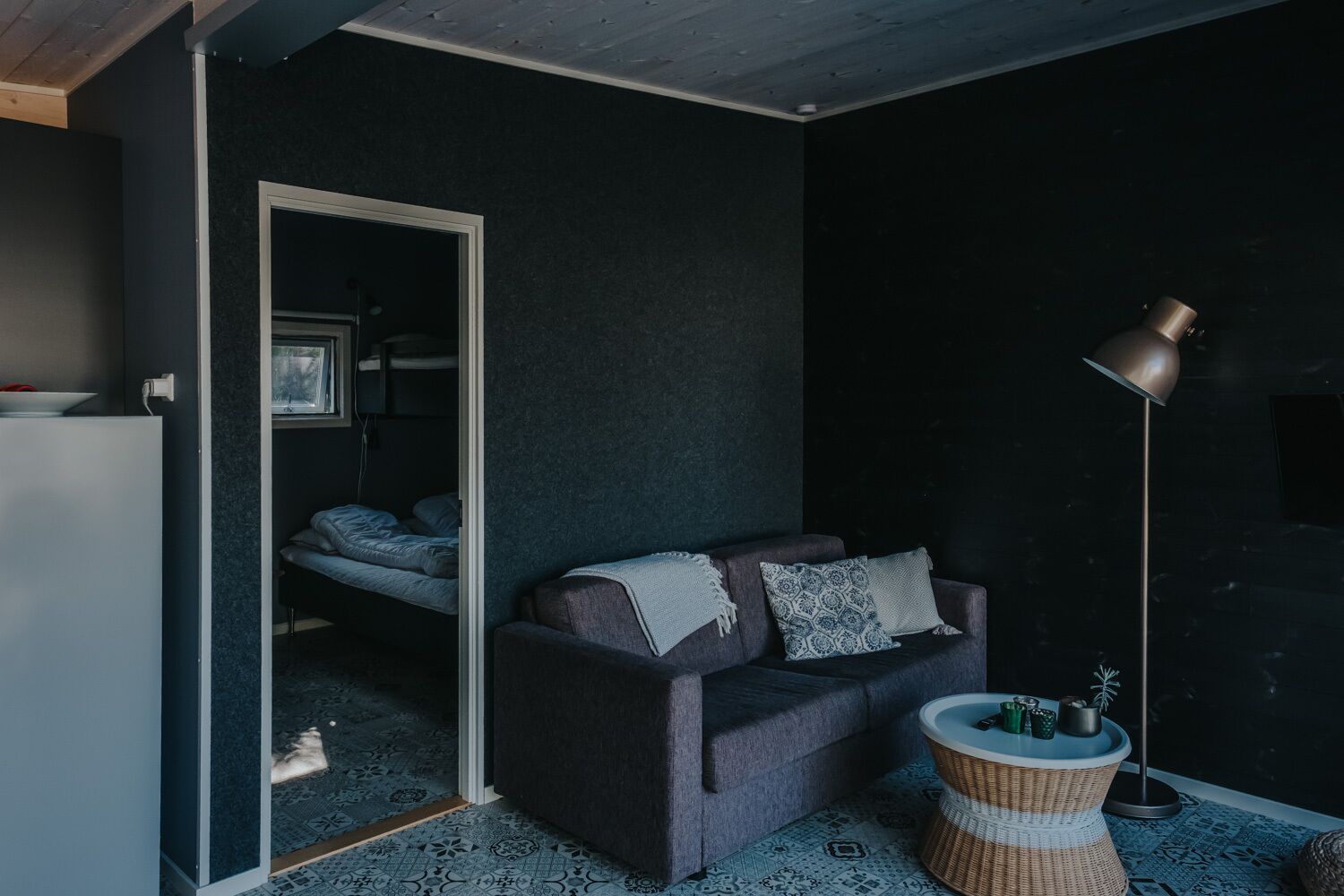 A compact living space with a dark-colored sofa, a small round table with a plant, and a floor lamp.