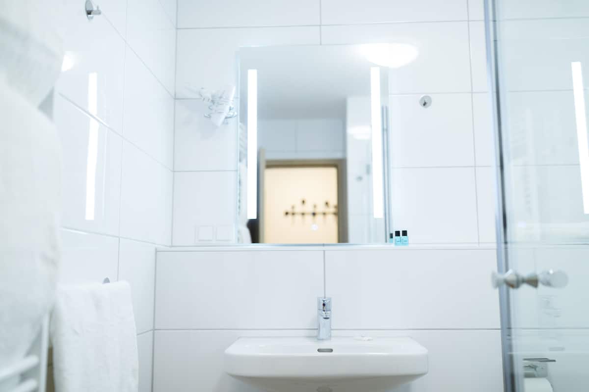 shower, slippers, towels