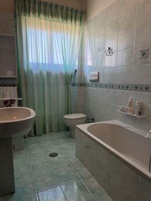 Secadora de cabello, toallas, jabón, papel de baño