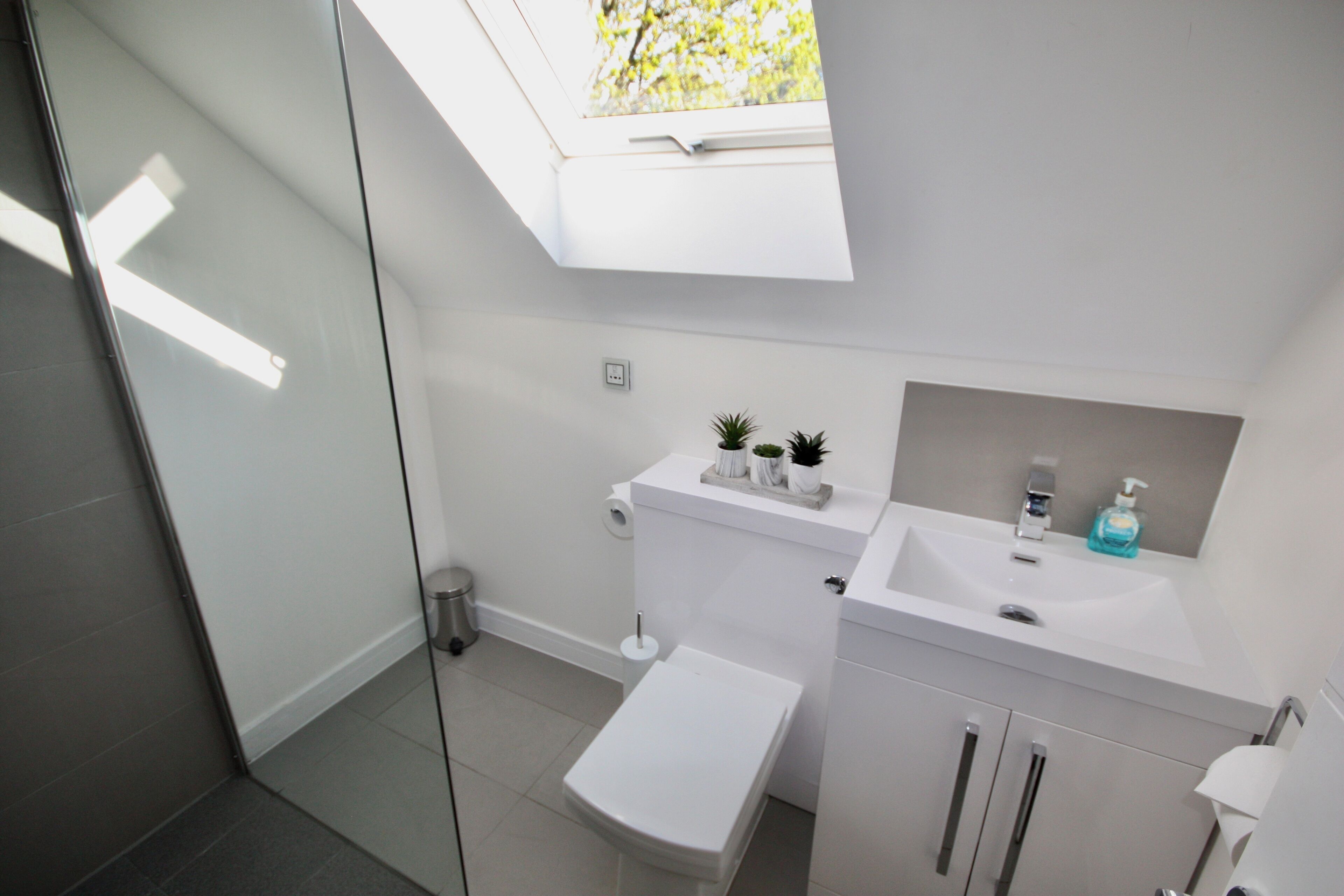Une salle de bain moderne dotée d’une lucarne, de toilettes, d’un lavabo et d’une petite marche menant à l’espace douche.