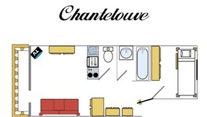 A floor plan of a hotel named Chantelouve, featuring a living room with a sofa, a kitchen with a sink and stove, a bathroom with a bathtub and toilet, and a small dining area. - Cozy studio for 4, near Val d'Isère center, with WIFI (Val-d'Isère)